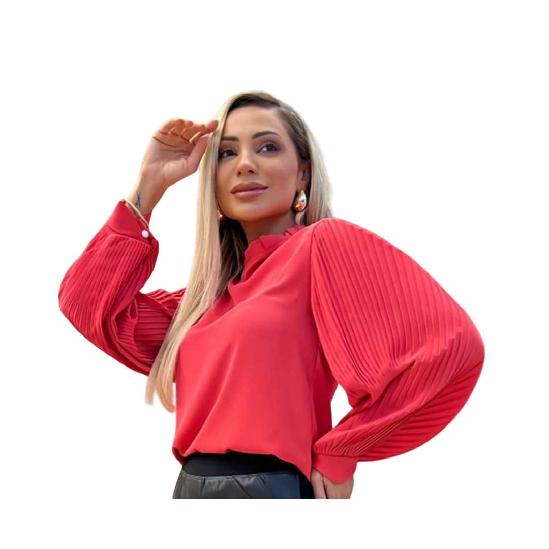 Blusa Roja con Mangas Abullonadas Plisadas